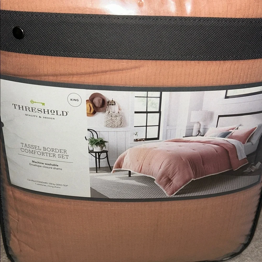 Threshold King Tassel Border Comforter Set, Terracotta/ White